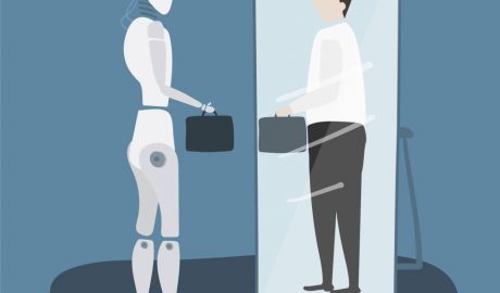 robot seeing mirror image of man