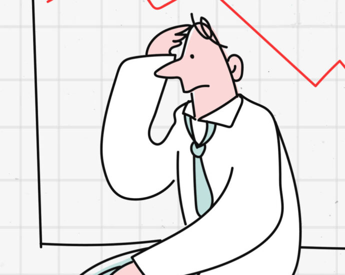 color drawing of worried man in front of down trending graph