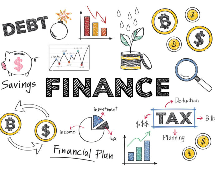 drawing of words and graphs finance, tax, debt, etc