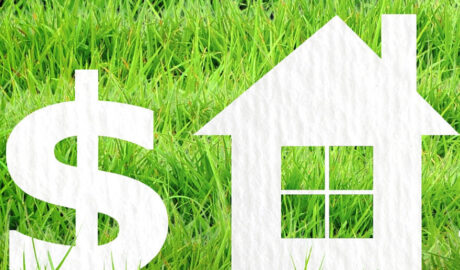 white cutouts of dollar sign and house shape in grass