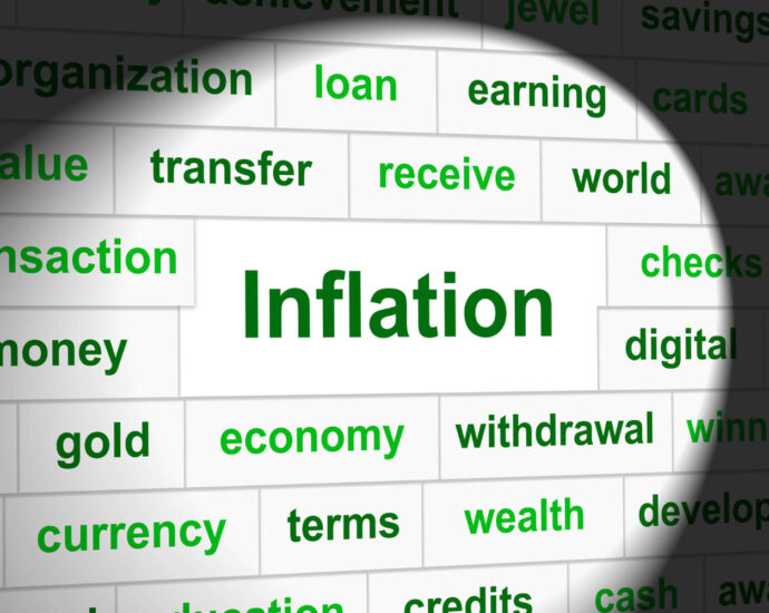 The word inflation in green surrounded by other financial words