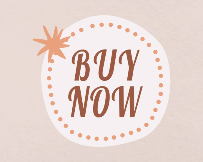 "Buy now" in circle on tan/pink background