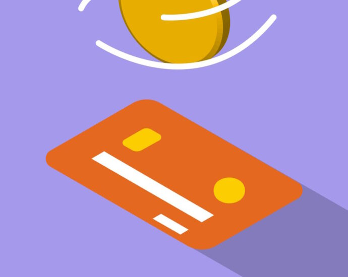 clip art credit card and coin drawing on purple background